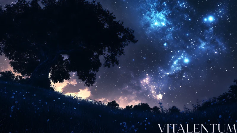 Starlit meadow whispers beneath a sprawling dream tree.