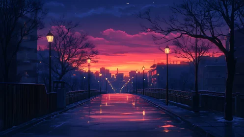 Neon dusk city bridge under glowing streetlamps after rain.