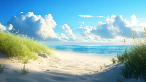 Calm sandy beach with dunes under bright blue sky.