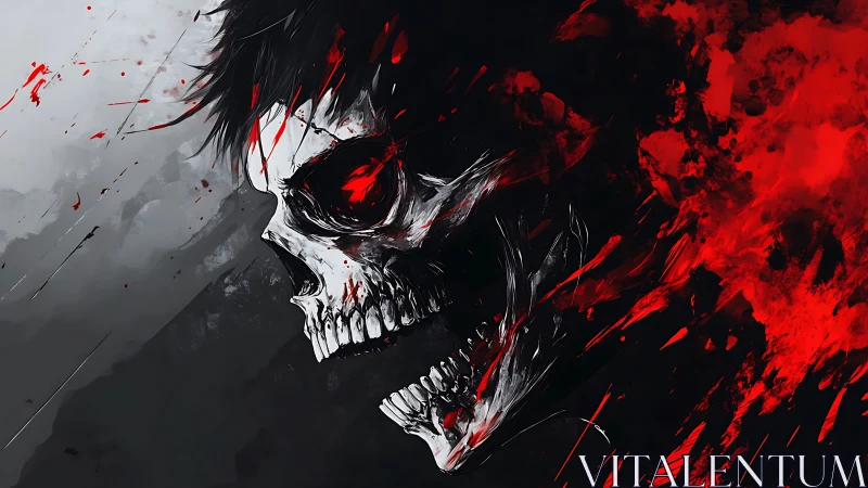 Skull hybrid portrait disintegrates into abstract red energy