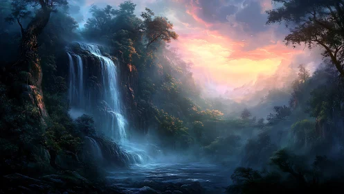 Waterfall landscape with morning light atmospheric rendering
