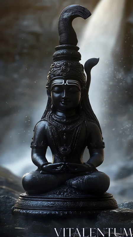 Serene black Shiva statue before cascading waterfall light.