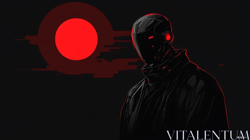 Masked cybernetic figure before red sun silhouette.