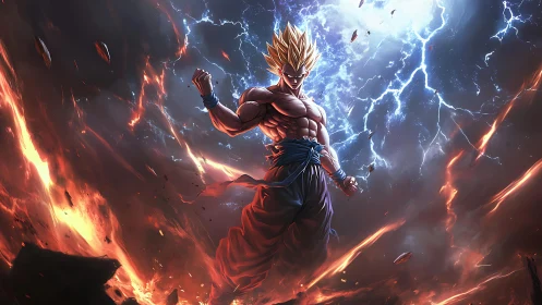Electrified anime warrior ascends above raging volcanic chaos