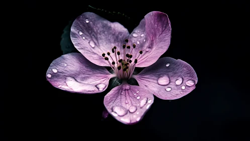 Purple Flower Petals Suspended in Water Droplets. Dark Backdrop.