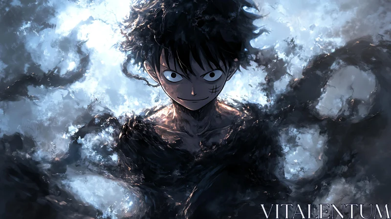 Dark fluid surrounds stylized figure under diffuse lighting