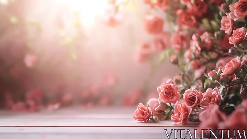 Soft-Focus Rose Garden with Warm Backlighting and Wooden Surface Base.