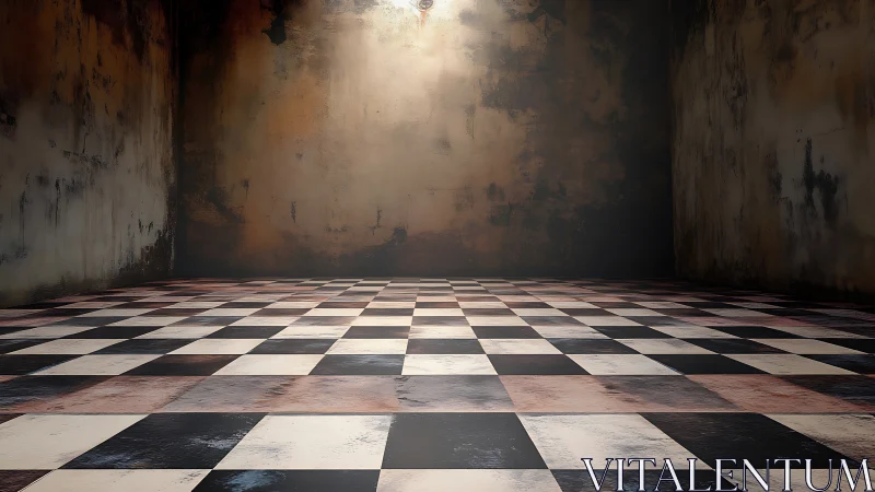 Distressed checkerboard room shows aged textures and top lighting