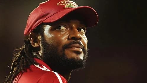 Side-lit cricketer portrait in red cap under stadium lights