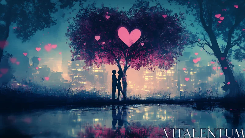 Urban Romance Under Heart-Tree Canopy: Digital Illustration.