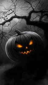 Monochrome jack o lantern with internal glow in haunted grove