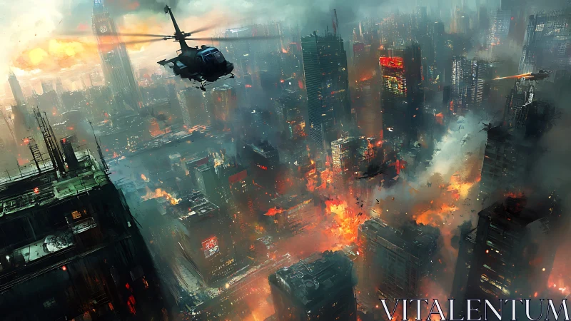 Helicopter flies above burning high rise city during attack