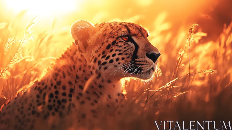 Cheetah portrait in sunlit savanna grass at warm golden hour.