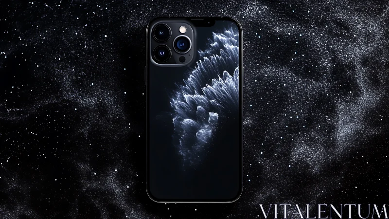 Modern black smartphone with cosmic abstract wallpaper focus.