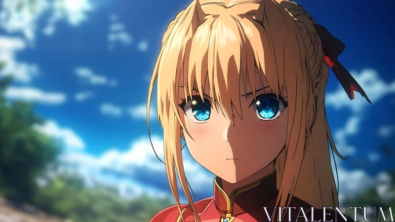 Blonde anime warrior girl under sharp summer sunlight.