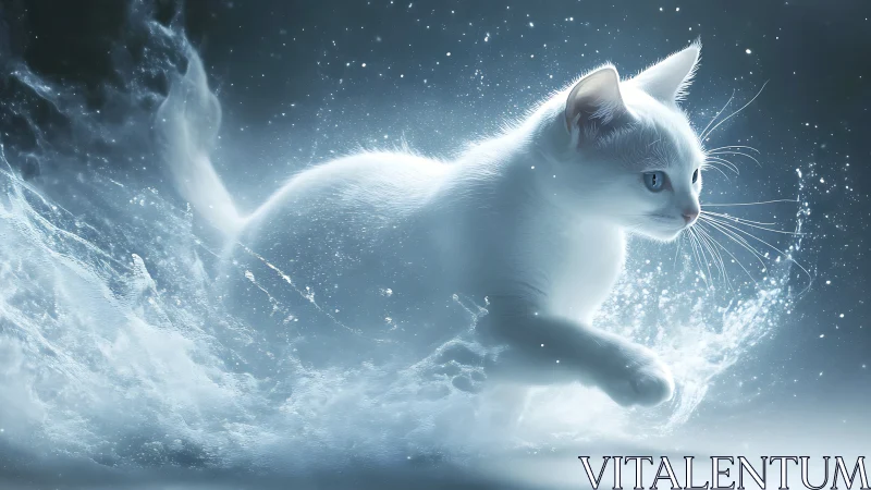 Luminous White Cat in Magical Winter Starfield.