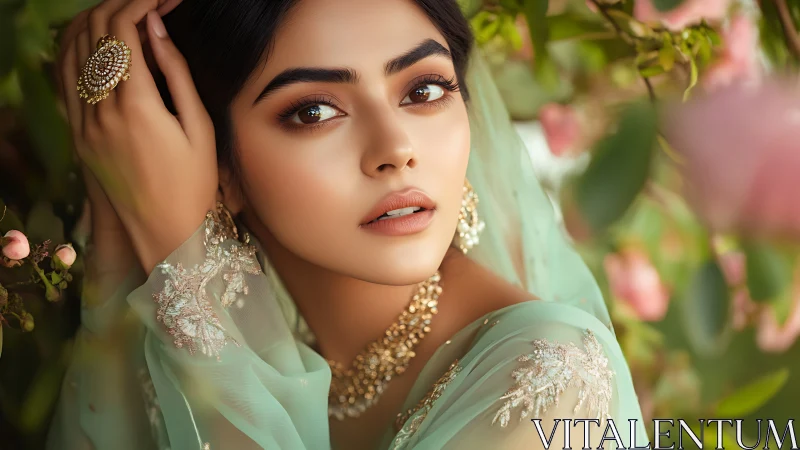 Elegant woman in mint saree with floral garden backdrop.
