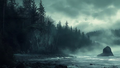 Moody coastal conifer forest in cinematic photoreal style.