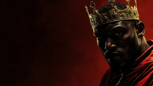 Crowned man in red robe against dark red backdrop.