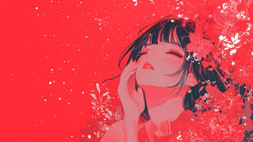 Red dream portrait merges floral bursts and serene gaze.
