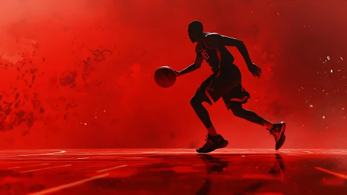 Silhouette basketball player dribbles across red digital court
