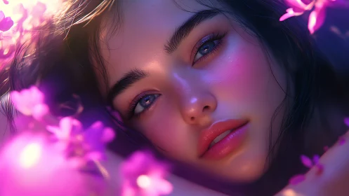 Digital portrait of woman surrounded by soft pink flowers.