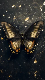 Golden black butterfly on dark textured background.