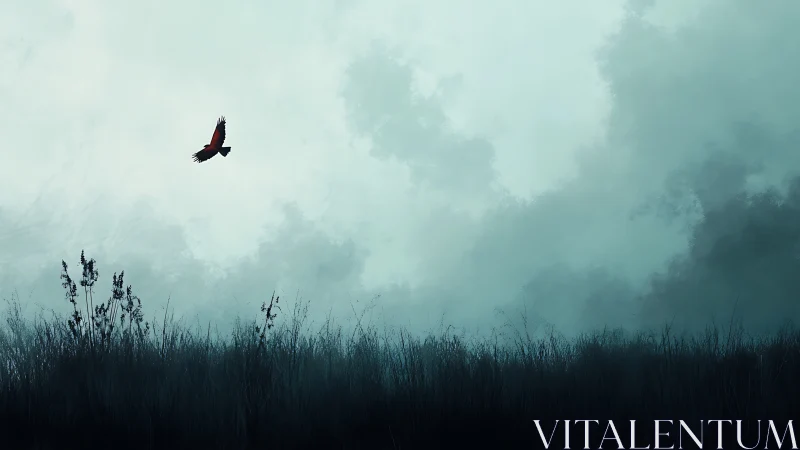 Solitary Bird Flying Over Misty Marshland in Moody Minimalist Style.