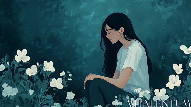 Solitary girl sits among white flowers in teal twilight