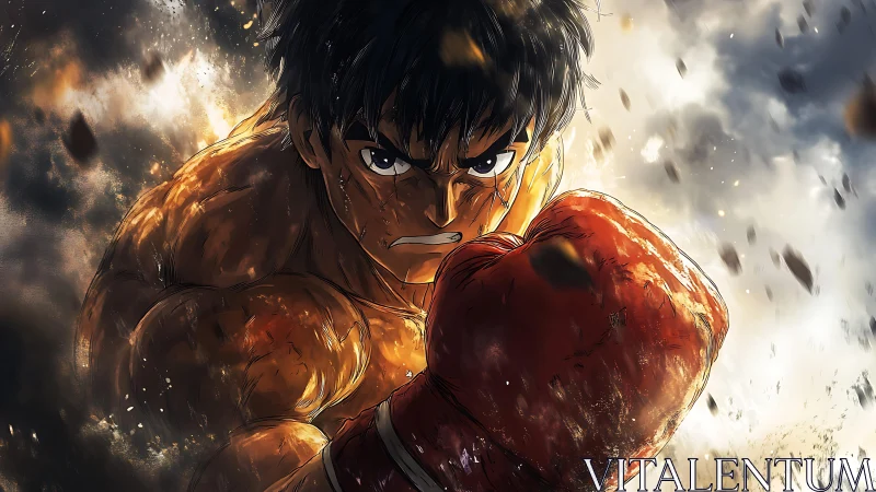 Fierce anime boxer charges forward through explosive dust