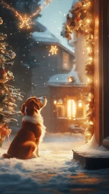 Dog waits in snowy doorway under warm Christmas lights