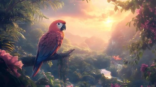 Digital parrot render overlooks dense valley at sunset