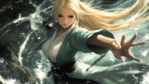 Blonde warrior in teal robe controlling dynamic water flow.