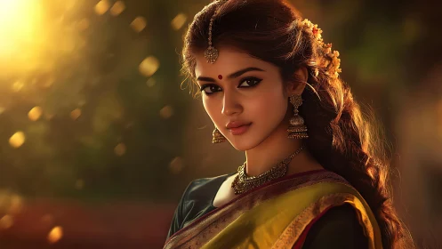 Cinematic portrait of Indian woman in sari at golden hour