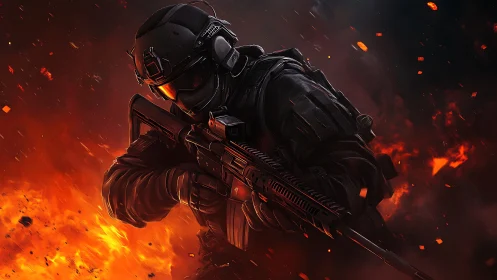 Tactical soldier holding rifle in intense fiery battle scene.