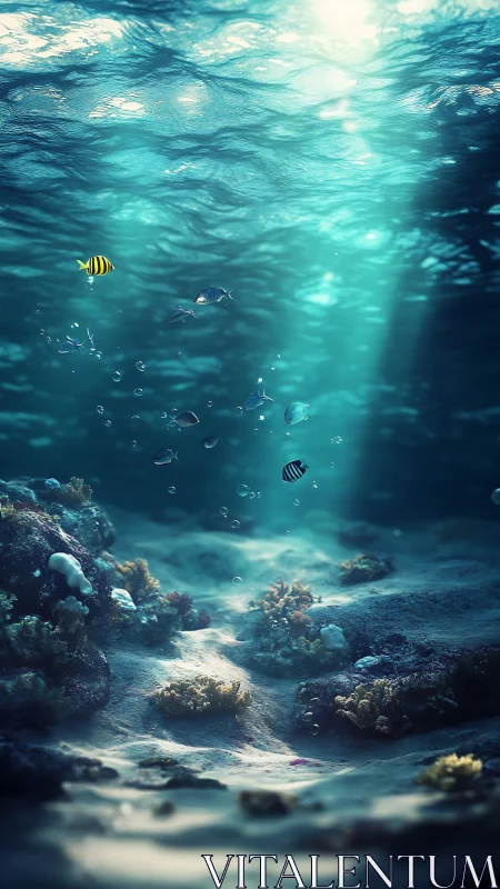 Photorealistic undersea corridor with refracted light shafts.