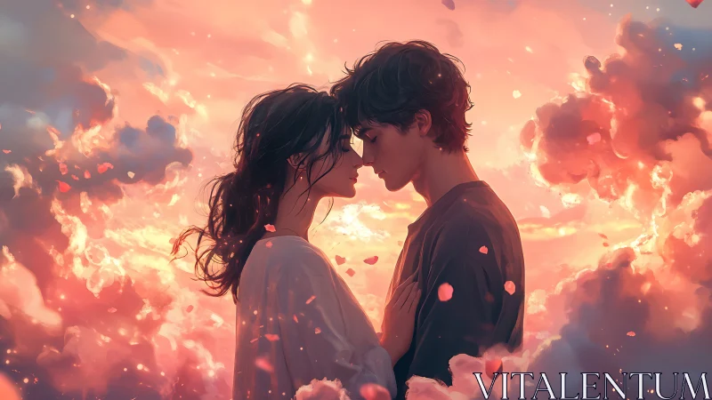 Two figures embrace in a luminous sunset sky surrounded by golden clouds.