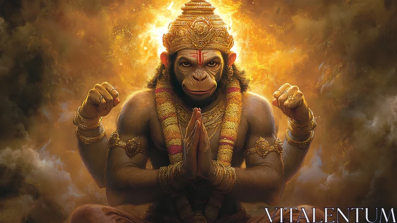 Four-armed anthropomorphic monkey figure sits in prayer