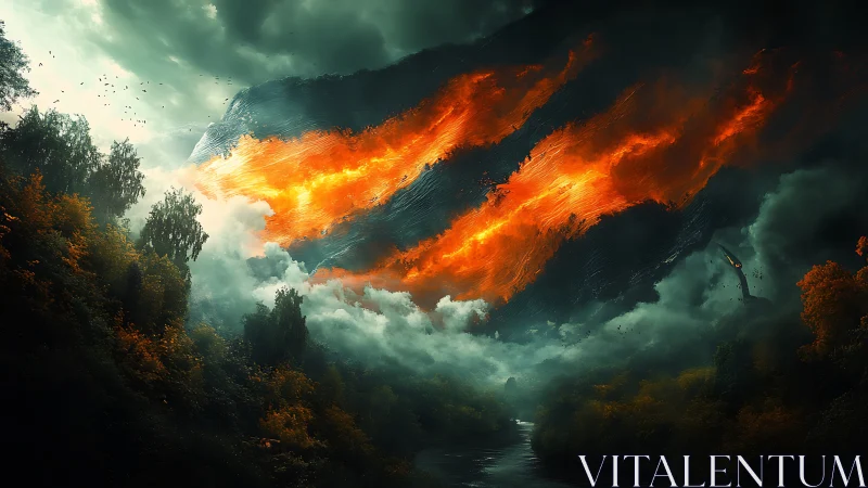 Cataclysmic aerial phenomenon: dual-vector luminous discharge through stratified atmospheric zones.