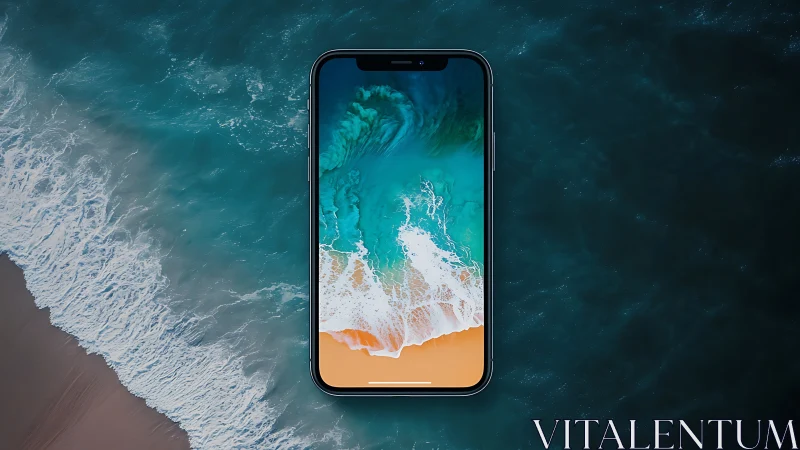Smartphone is centered over aerial ocean shoreline scene