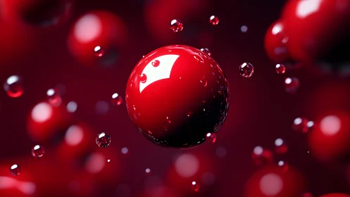 Glossy red sphere hovers amid smaller reflective droplets