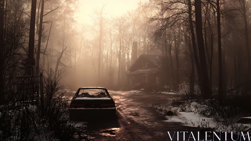 Mist-drenched cabin road cradles a lone abandoned car.