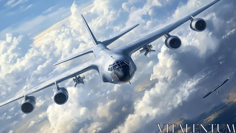 High-altitude jet bomber rendered with dynamic atmospheric lighting