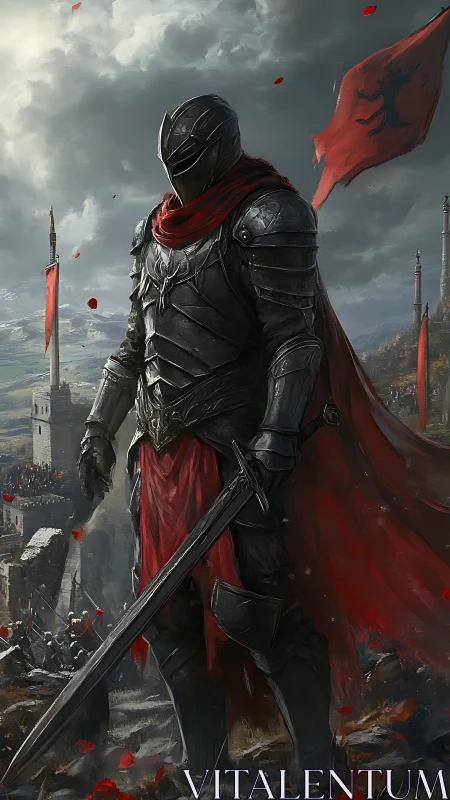 Armored figure stands with sword before distant fortress