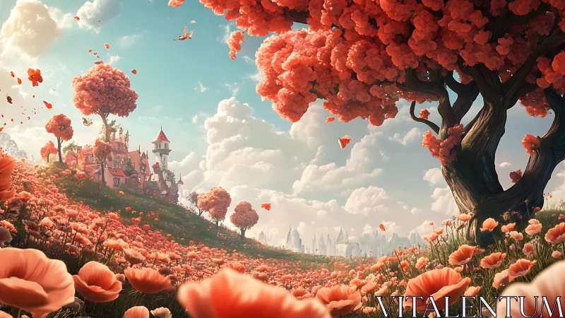 Landscape rendering shows stylized poppy field and distant town