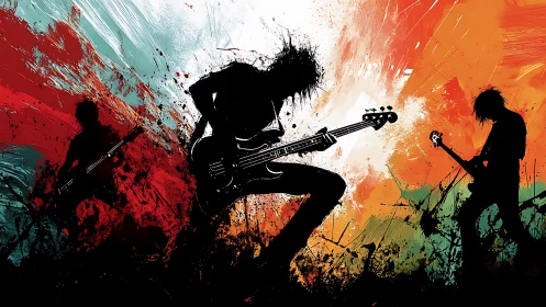 Silhouetted rock band against abstract multicolor backdrop.