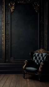 Black leather armchair stands before ornate dark wall