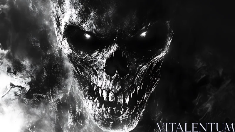 Monochrome spectral skull with luminous eyes in dense smoke