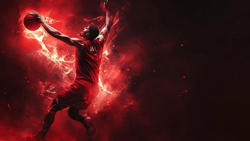 Basketball player midair dunk in red abstract motion field.