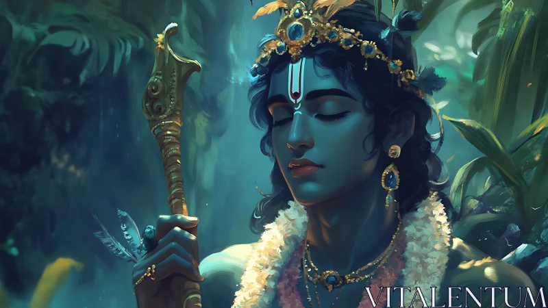 Serene blue-skinned deity portrait with ornate staff and floral halo